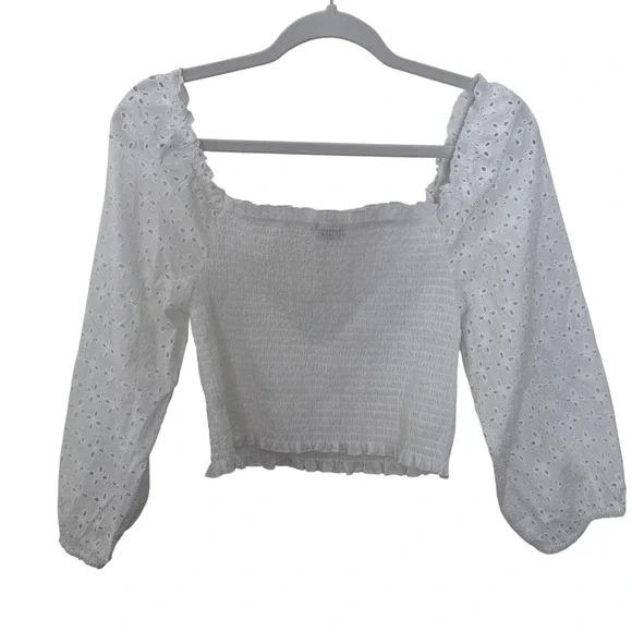 Love Tree White Eyelet Crop Top Smocked Square Neck Long Sleeve Coquette Large - Picture 8 of 13